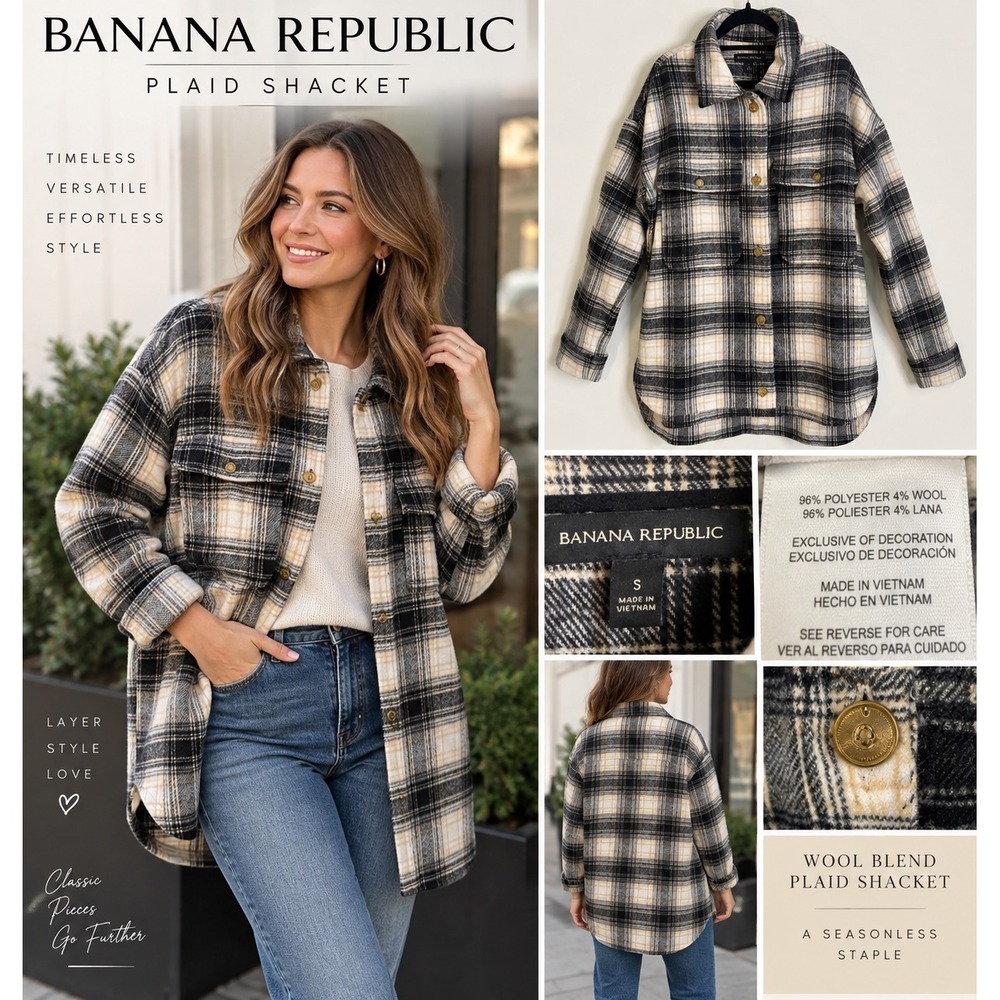 Banana Republic Plaid Shacket Wool Blend Shirt Jacket Black Cream Tan Small